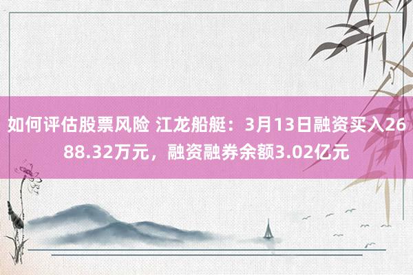 如何评估股票风险 江龙船艇：3月13日融资买入2688.32万元，融资融券余额3.02亿元